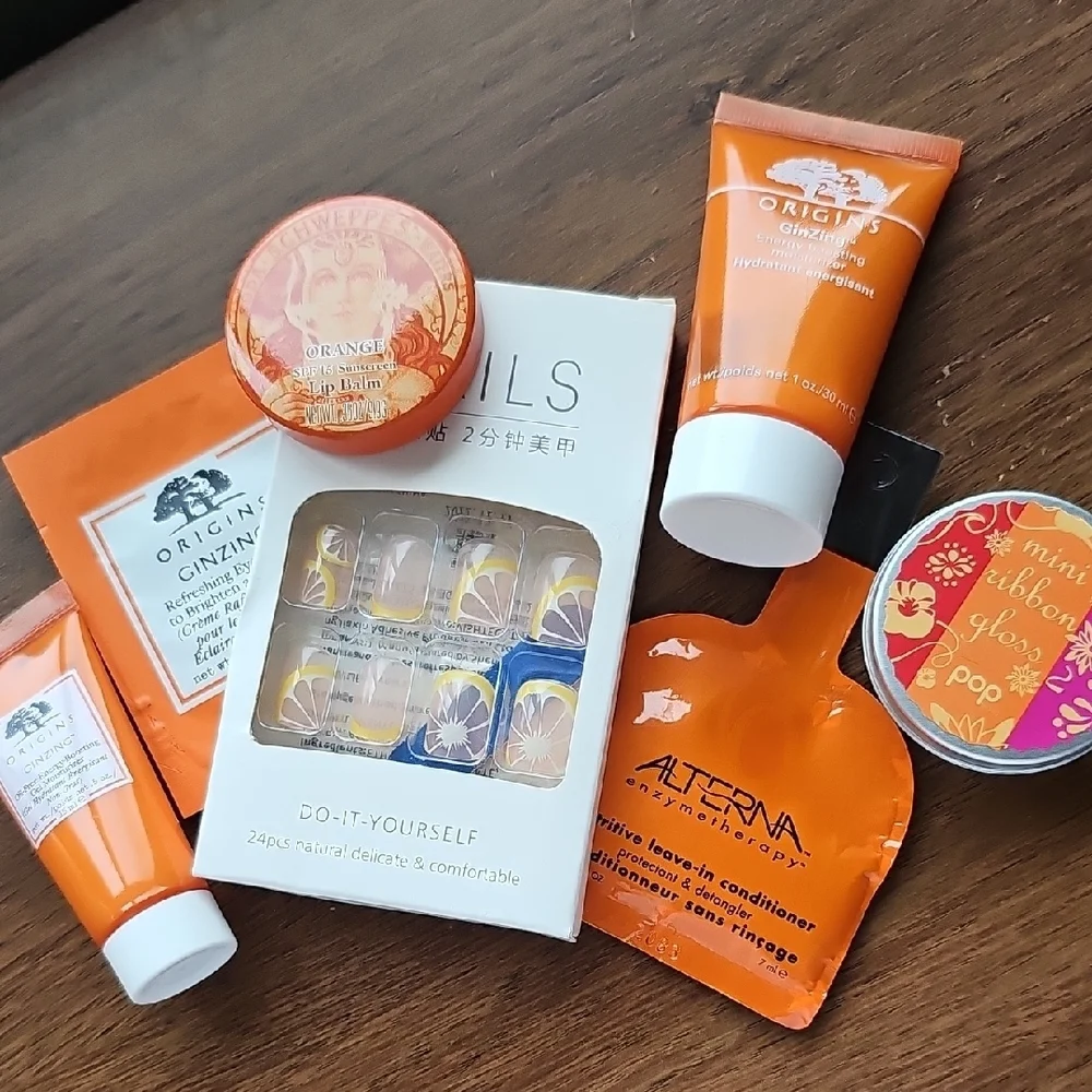 New Sephora Origins Beauty Sample Lot Citrus Press-On Nails Lip Gloss Samples